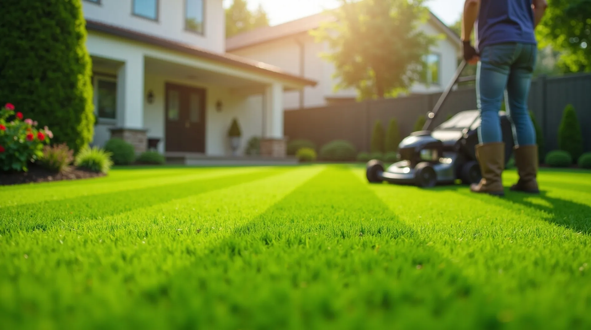 Freshly mown lawn with crisp mowing stripes in front of a tidy Queensland home